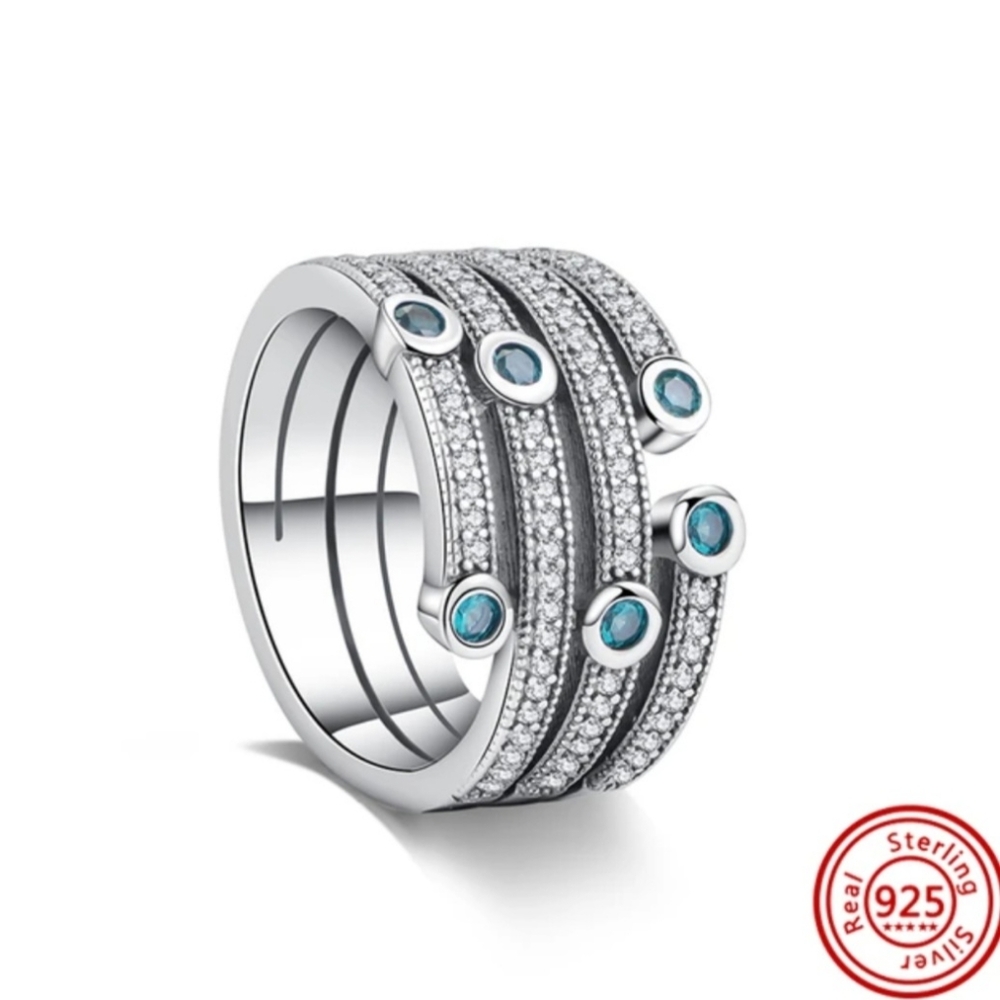 Sterling Silver 925 Stack Ring with Jade Green Stones, Size 7, 8
